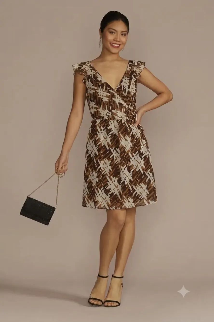 Vintage The Limited Silk Faux Wrap Dress Size 6 Brown Abstract Flutter Sleeve